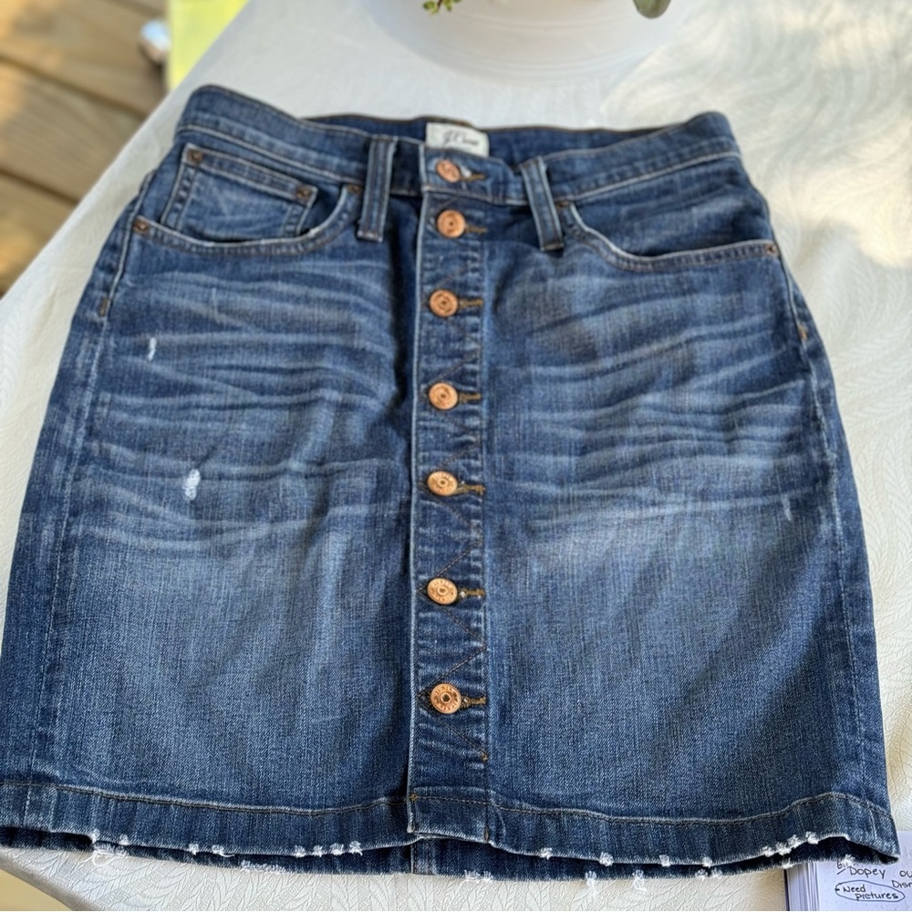 J Crew Button Front Vintage Distressed Wash Denim MIDI Skirt size 27p